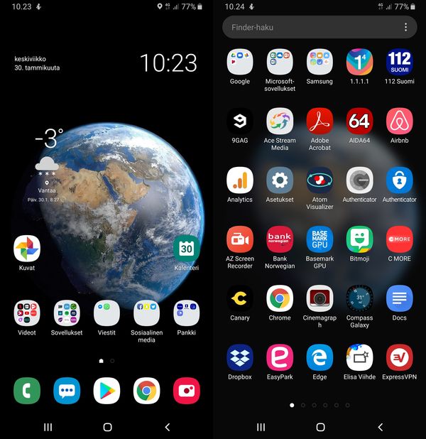 Samsungin One UI:n kotinäkymä ja sovellusvalikko.