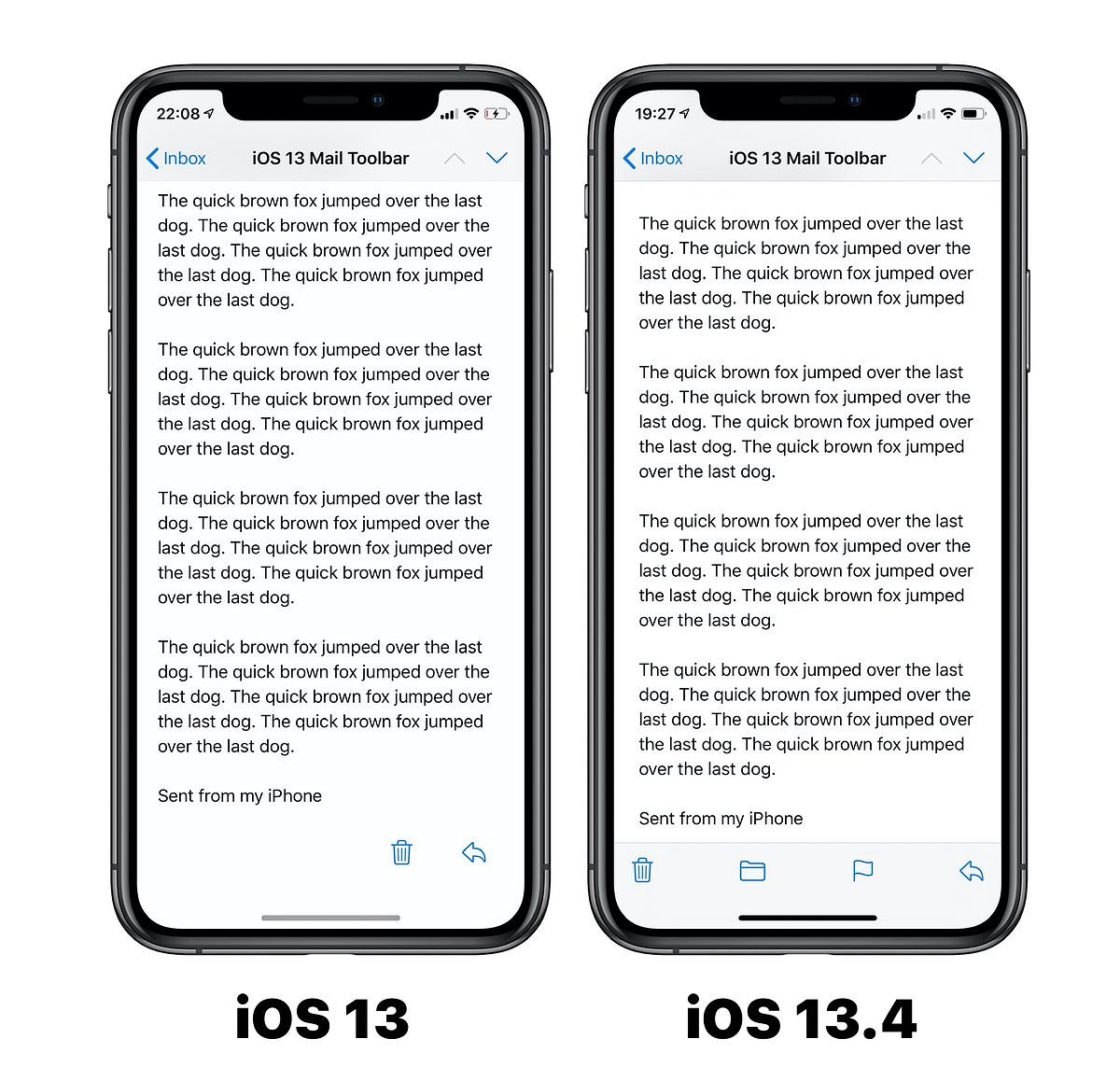 iOS 13.4 palauttaa Mail-sovelluksen alapalkin aiempaan ratkaisuun. Kuva: Benjamin Mayo.