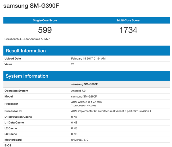 Samsung SM-G390F GeekBenchissä.