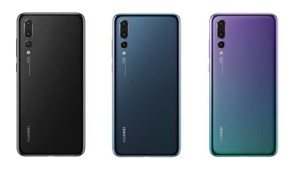 Huawei P20 Pron värivaihtoehdot: musta, Midnight Blue ja Twilight.