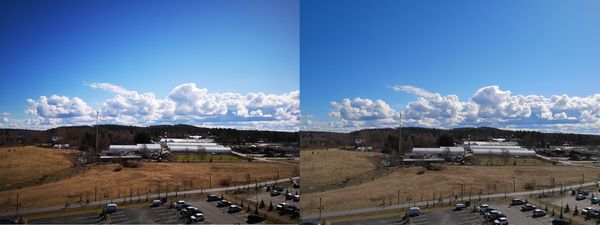 Vasemmalla tekoälyn Sinitaivas-tilalla otettu kuva ja oikealla perustilalla otettu kuva. Sinitaivas-tilassa niin taivaan sinisyyttä kuin muitakin värejä on korostettu.