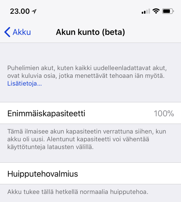 iOS 11.3 toi asetuksiin Akun kunto -osion.