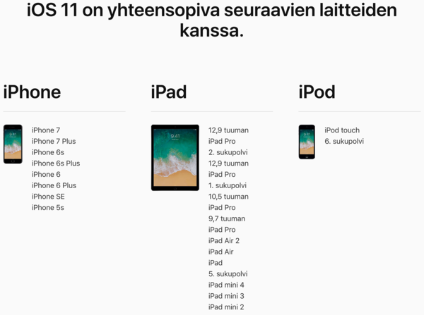 iOS 11 -päivityksen saavat laitteet.