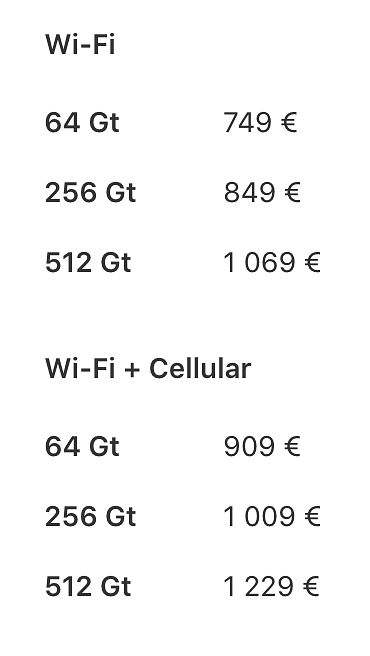 10,5 tuuman iPad Pron eri versioiden hinnat.