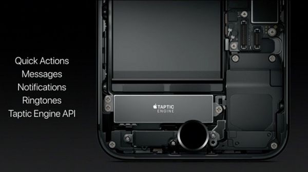 Kuvassa iPhone 7:n läpileikkauksessa Taptic Engine -värinämoottori, joka vastaa myös uuden kotinäppäimen painalluksiin.