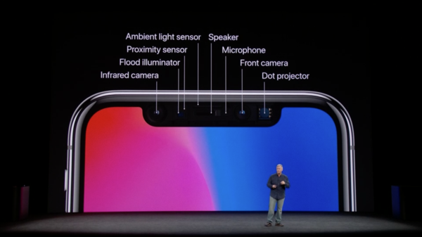 iPhone X:ssä näytön lovesta löytyy paljon eri komponentteja.