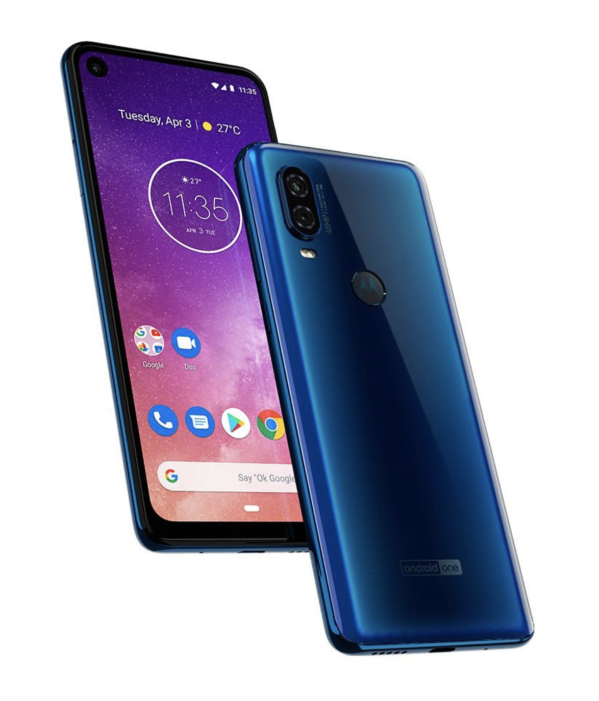 Motorola One Vision sinisenä safiirivärinä. Sormenjälkilukija löytyy takaa, ja on varustettu Motorolan M-logolla.