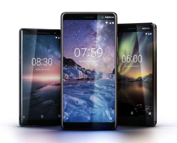 HMD Globalin uudempaa mallistoa: etualalla Nokia 7 Plus, taustalla vasemmalla Nokia 8 Sirocco ja oikealla uusi Nokia 6.