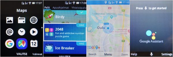 Vasemmalta oikealle: 8110 4G:n sovellusvalikko, sovelluskaupan pelivalikoima, Google Maps ja Google Assistant.