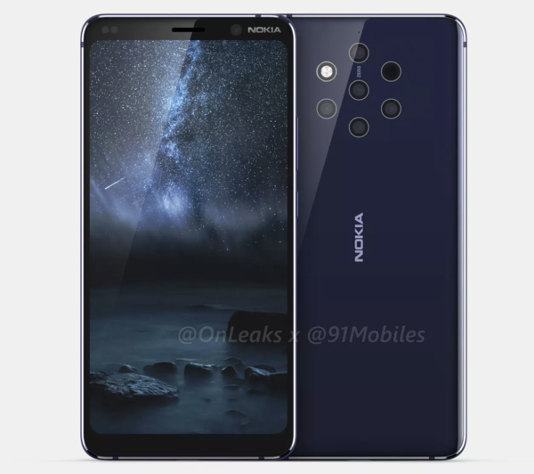 Nokia 9 PureView on varustettu viidellä takakameralla ja kookkaalla mutta lovettomalla näytöllä. Kuva: OnLeaks / 91mobiles.