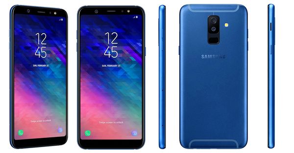Samsung Galaxy A6+ sinisenä.