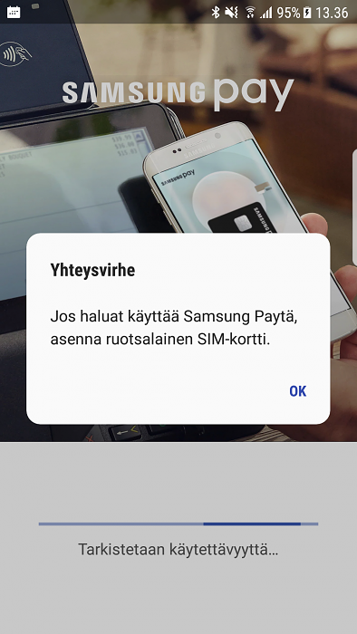 Päivityksen asennuksen jälkeen puhelin tarjosi Samsung Payn käyttöönottoa, mutta Samsungin mobiilimaksupalvelu ei vielä toimi Suomessa. Ruotsiin se sen sijaan saapui juuri.