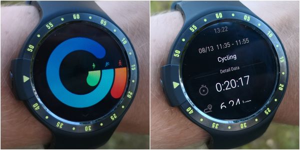 Vasemmalla Ticwatchin Health-sovelluksen aktiivisuustiedot kellossa, oikealla harjoituksen yhteenveto.
