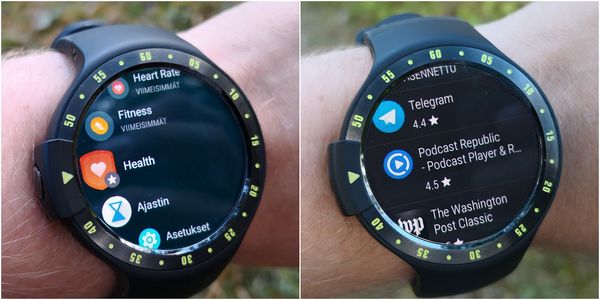 Wear OS:n sovellusvalikko vasemmalla ja oikealla Google Play, joka löytyy tätä nykyä sovelluskauppana suoraan itse kellosta.