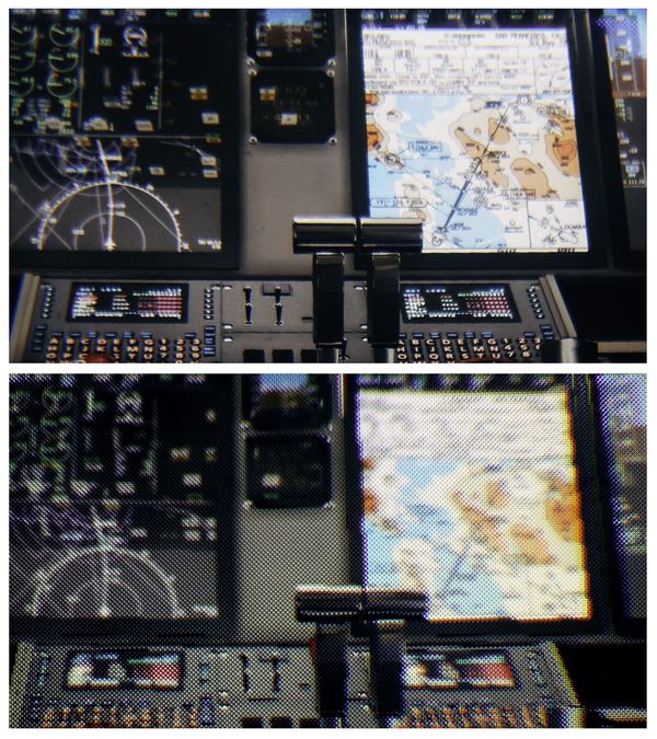 Kuva lentokoneen ohjaamosta yllä Varjon laitteella katseltuna ja alla tavallisilla muilla VR-laseilla.